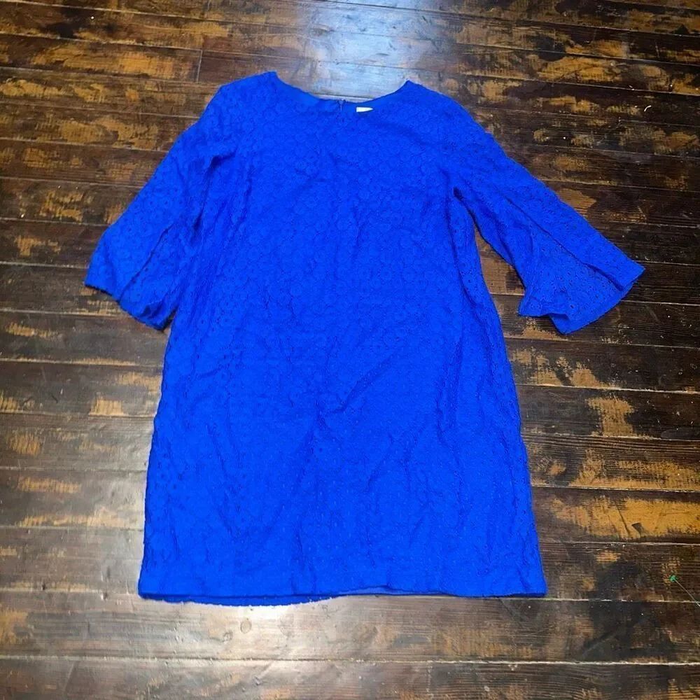 Chico’s bright blue bell sleeve eyelet vacationcore colorful mini dress